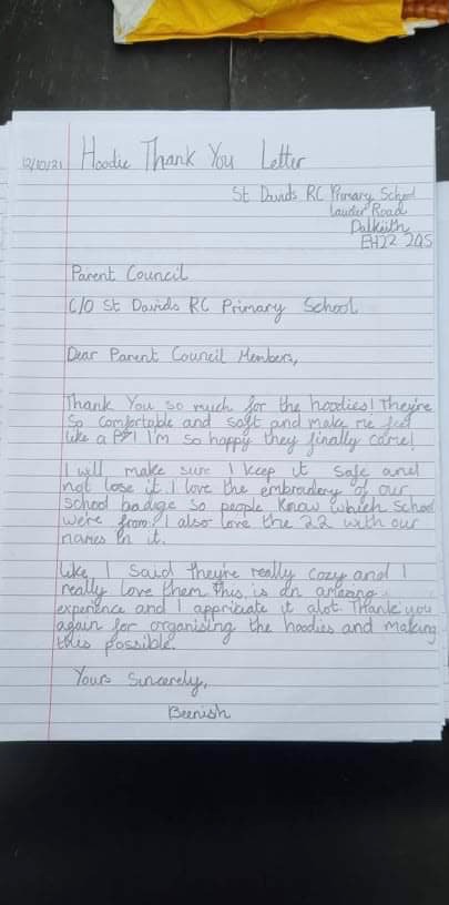 stdavidsparentc's tweet image. Some lovely letters have been received from the P7s ☺️
Glad to hear they love their hoodies. Thank you to all who support our fundraising events to make this possible.