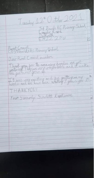 stdavidsparentc's tweet image. Some lovely letters have been received from the P7s ☺️
Glad to hear they love their hoodies. Thank you to all who support our fundraising events to make this possible.