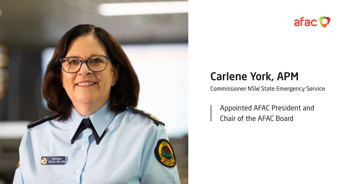 CEO_AFAC's tweet image. AFAC has appointed NSW State Emergency Service (SES) Commissioner Carlene York, APM as AFAC President and Chair of the AFAC Board.
Commissioner York is the 9th President of AFAC, and both the first SES Commissioner and the first woman to hold the position: afac.com.au/auxiliary/publ…