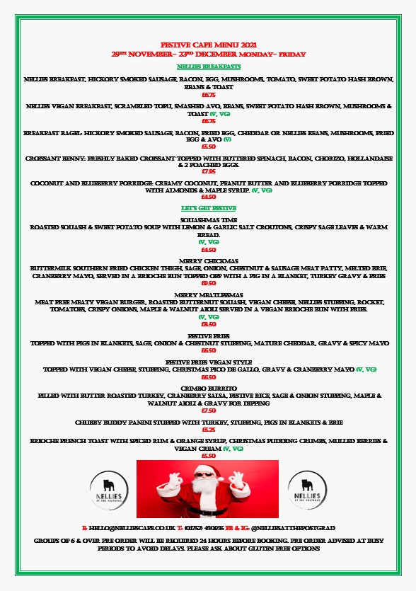 nelliesatpgmc's tweet photo. So here it is our Christmas café menu 2021!

Available from 29th November- 23rd December. 

Pre order, dine in, takeaway or delivery. Celebrate the end of 2021 with Nellies 🥳🌲🎅

@PgmcPlymouth @UHP_NHS @DerrifordNurses @UHPAnaesthesia @UHP_IMT @UHPSiteServices @DerrifordED https://t.co/3kppGVTqRG