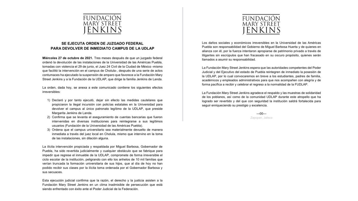 Fund_MSJenkins's tweet photo. #Comunicado SE EJECUTA ORDEN DE JUZGADO FEDERAL PARA DEVOLVER DE INMEDIATO CAMPUS DE LA UDLAP. https://t.co/9MEiCA1Ood