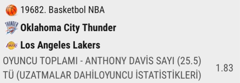 dsntmttr30's tweet photo. Anthony Davis 25.5+ @ 1.80 (Stake 8)

Oynayıp oynamayacağı belli değildi fakat oynayacağı açıklandı. LeBron yine yok. OKC boyalı alanında kutu kutu pense oynaması lazım. Umarım bu gece de yanıltmaz. https://t.co/fJBQngXxQO