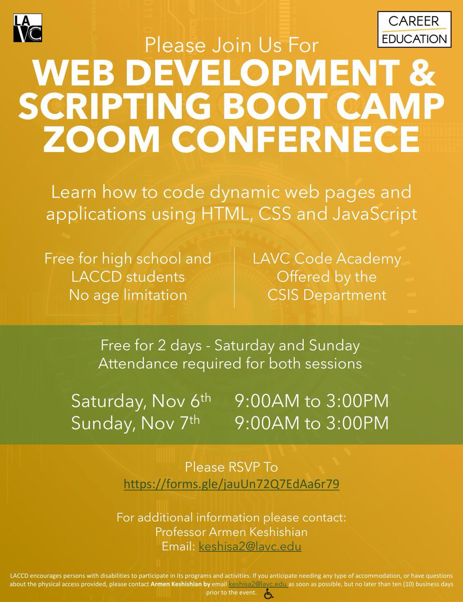 LAVC_WC's tweet photo. The CIS department will be hosting a Web Development and Computer Coding Boot Camp session via zoom. Please see the flyers for more details! https://t.co/UDljKnLJk6