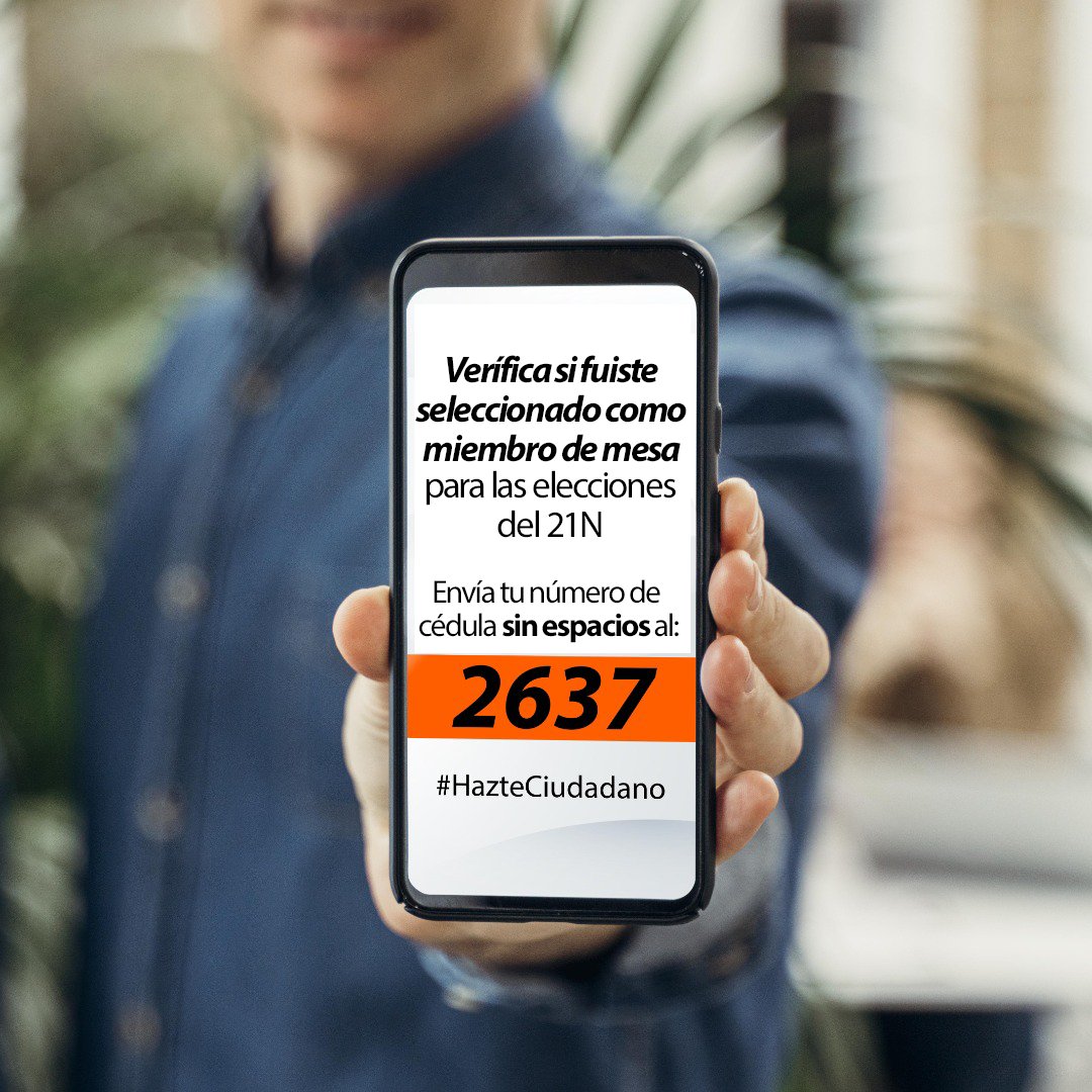 Para verificar si fuiste seleccionado como miembro de mesa para las elecciones del #21N, envía un SMS al 2637 con el número de tu cédula de identidad, sin espacios. Tu participación es fundamental para construir democracia. #HazteCiudadano