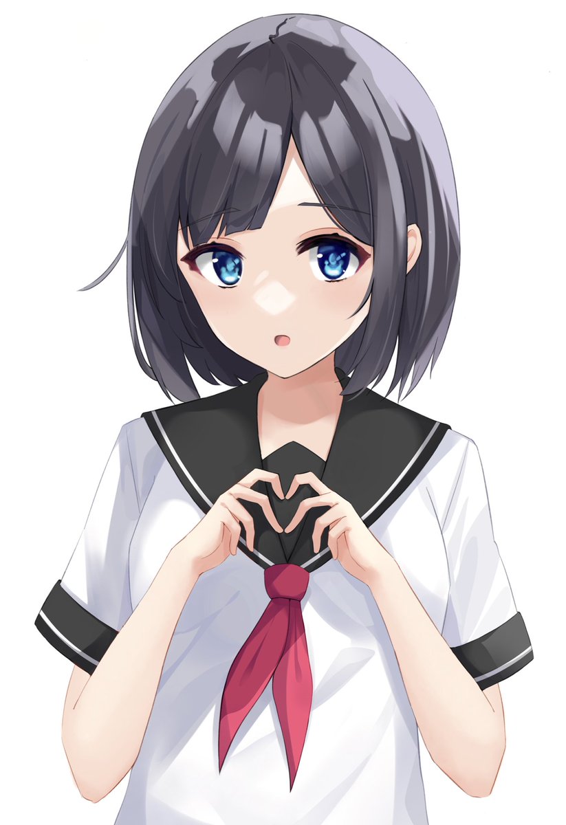 1girl solo blue eyes school uniform black hair white background heart  illustration images