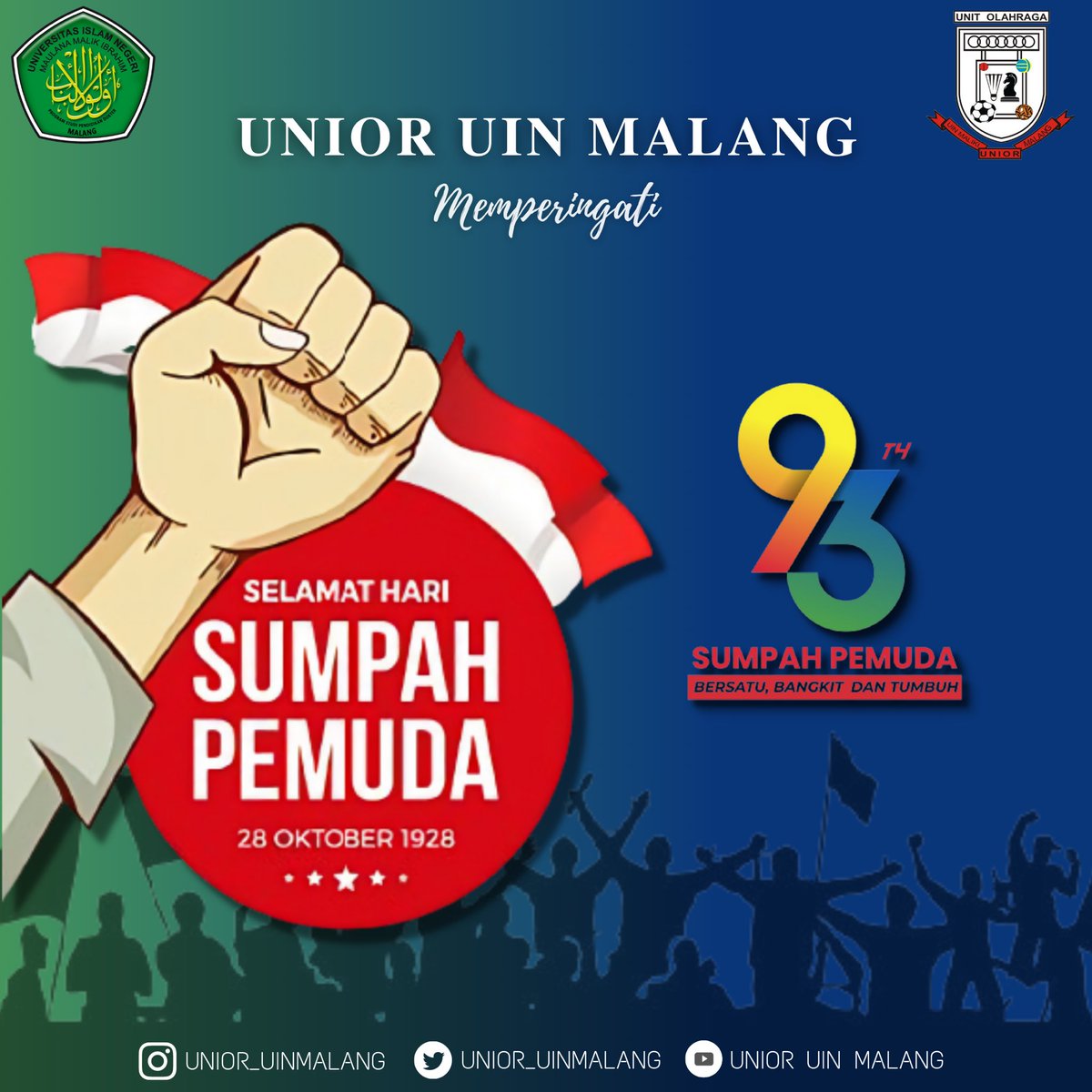 [Selamat Hari Sumpah Pemuda]
28 Oktober 1928 - 28 Oktober 2021

Mari kita kobarkan semangat pemuda ke seantero penjuru Indonesia🇮🇩

Salam Olahraga🔥

#unior #uinmalang #sumpahpemuda #93thsumpahpemuda