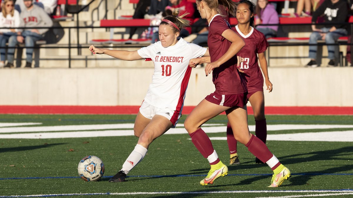 The <a href="/CSBsoccer/">St. Benedict Soccer</a> team is one game closer to a top-two MIAC finish thanks to a 2-1 win Wednesday at Scholastica! Ella Young scored and Alli Voss netted the game-winner three minutes later! The team ends the regular season Saturday at home! #BennieNation bit.ly/3bmwZti