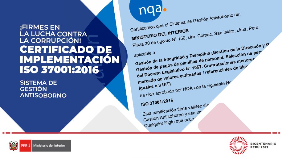 Alcanzamos la certificación ISO 37001:2016 para nuestro Sistema de Gestión Antisoborno, con el fin de prevenir, detectar y enfrentar posibles actos de corrupción en la institución, reafirmando nuestro compromiso por una gestión integra y transparente.

🗞️ gob.pe/n/549755