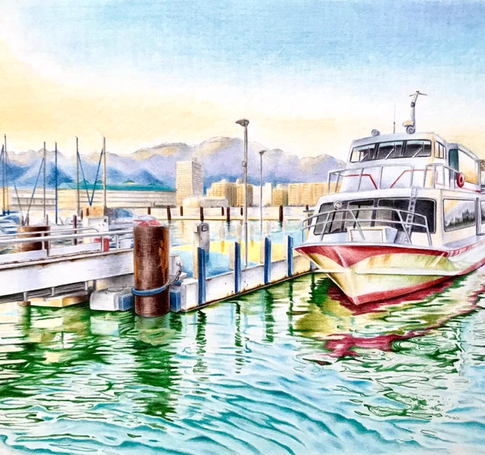 色鉛筆で描いた琵琶湖の船

#色鉛筆画 #イラスト #coloredpencil 