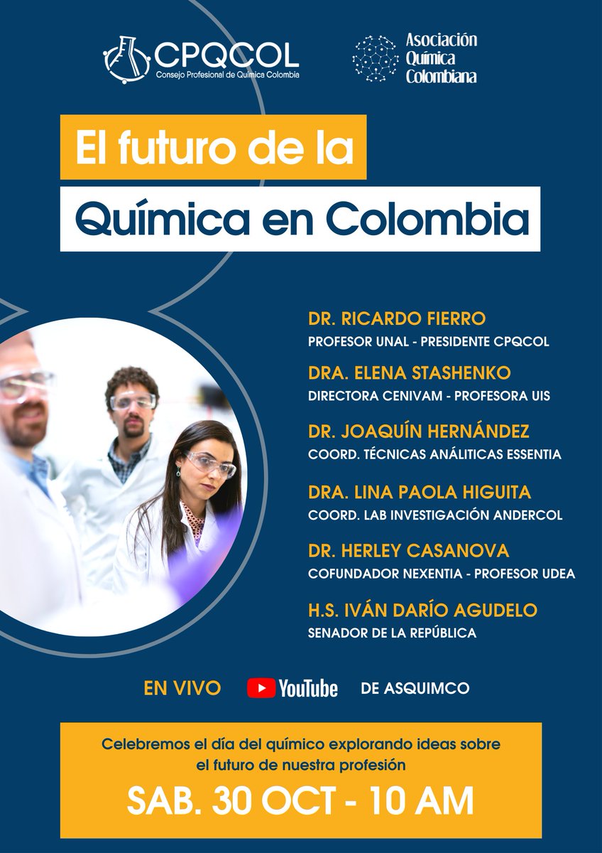 Pensemos juntos los retos y oportunidades que vienen para todos nosotros, cómo afrontar los nuevos desafíos y la relación entre la academia-industria en el desarrollo de la química en Colombia. En conjunto con <a href="/ASQUIMCO/">ASQUIMCO</a>

¡Los esperamos!

📆 Sábado 30 de octubre
🕐10:00 A.M.