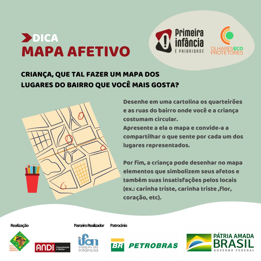 Quando o assunto é cidade e criança, uma atividade super interessante é convidar as crianças a manifestarem o que sentem pelos espaços do bairro onde moram e registrar esses sentimentos em um mapa.

#infancia #infancias #primeirainfancia #infanciasaudavel #infanciasparticipativas
