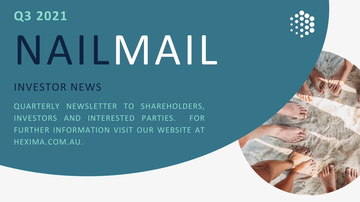 HeximaLimited's tweet photo. @HeximaLimited releases the latest NailMail and #Appendix4C for the quarter ended 30 September 2021 (Q3 CY21). See more here: https://t.co/oq1nOisY3L
#onychomycosis #clinicaltrial #pezadeftide #ASX $HXL https://t.co/T4IlDXQO9i