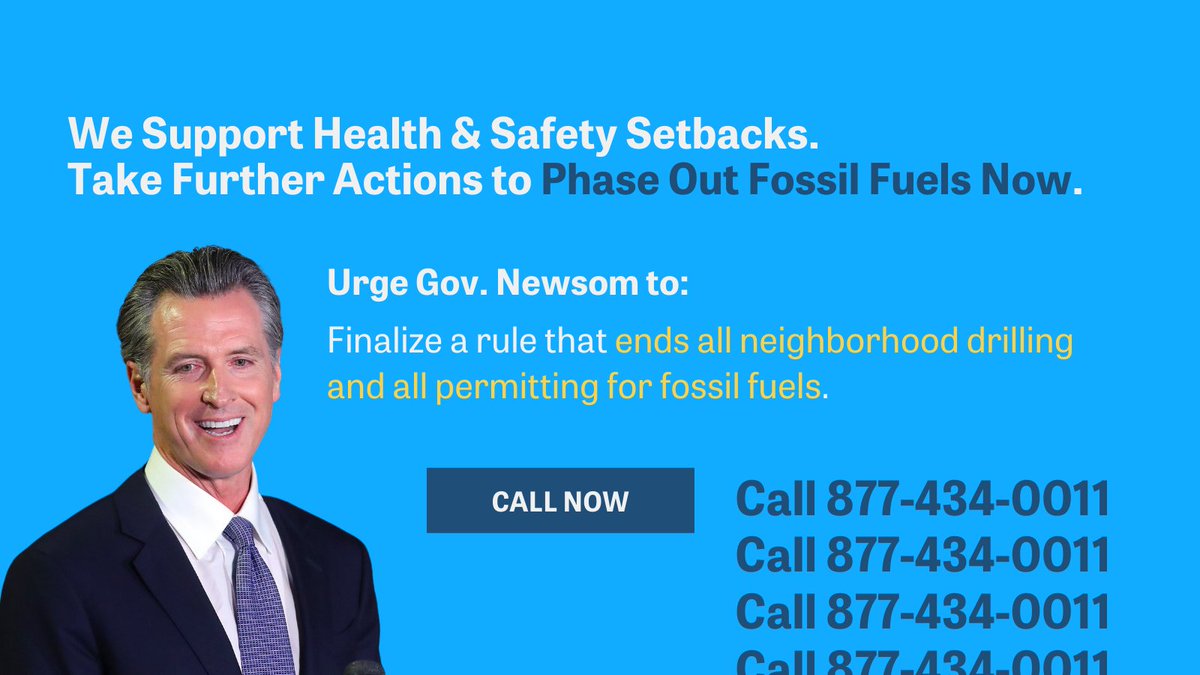 HealTheBay's tweet image. CA’s #SetbacksNow announcement on Oct. 21 shows that there’s no safe distance from oil &amp;amp; gas extraction. We need further actions to ensure #NoDrillingWhereWereLiving for all Californians.

Call 877-434-0011 &amp;amp; urge @GavinNewsom to build a future with #NoNewFossilFuels.