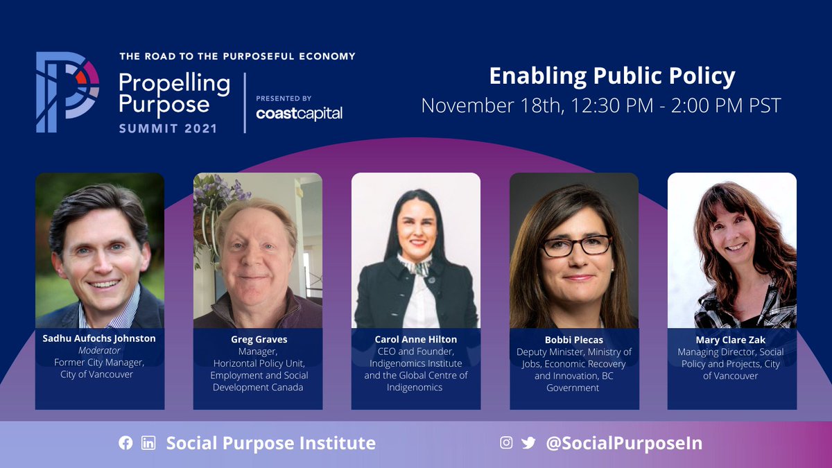 What is the role of Municipal, Provincial, Federal, and Indigenous governments to accelerate social purpose? Join us for a conversation about the role of government in advancing businesses’ adoption and pursuit of social purpose, and the embracing of a purpose economy.