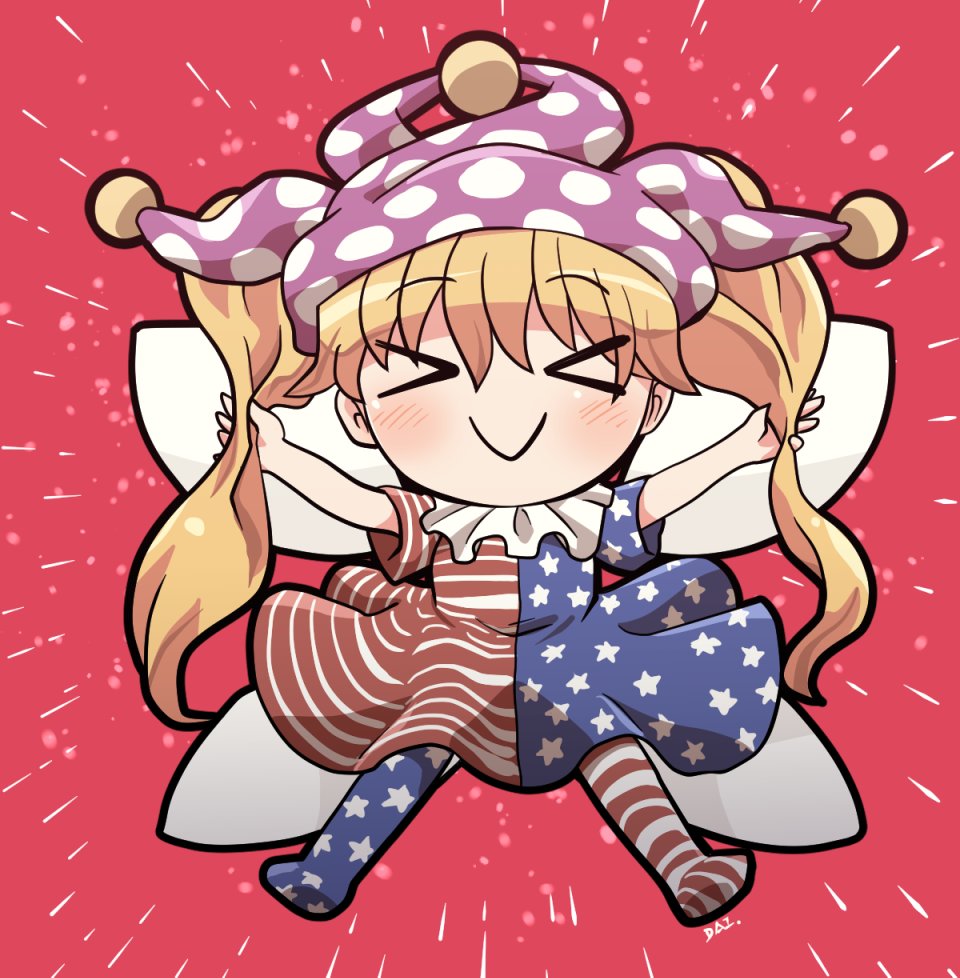 clownpiece 1girl solo fairy wings wings hat american flag dress smile  illustration images