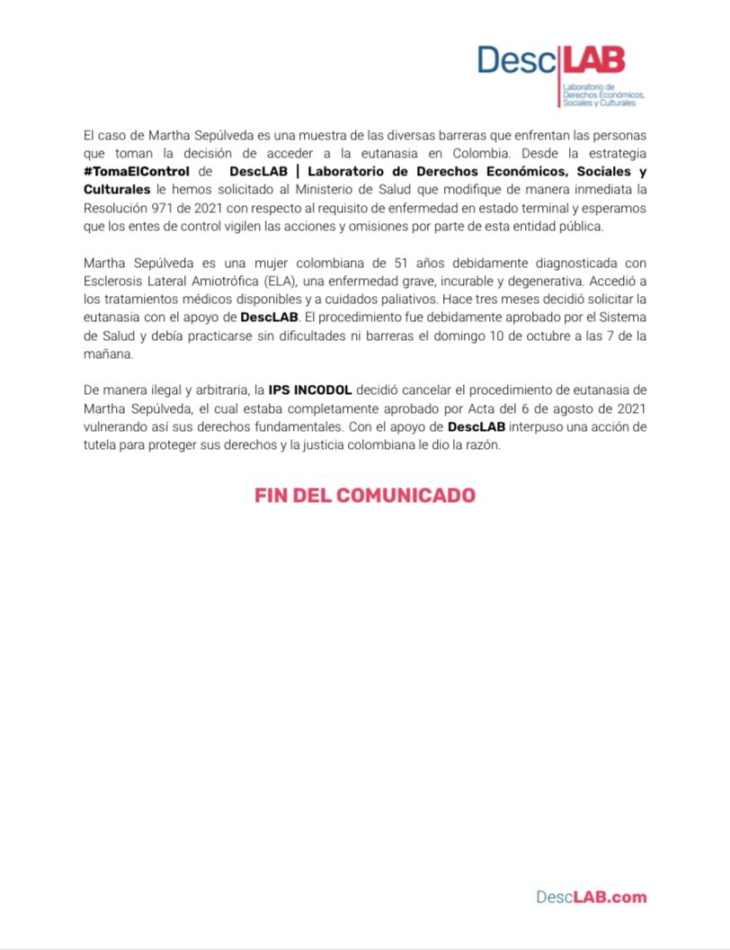 La IPS Incodol deberá practicar la #eutanasia de Martha Sepulveda. Desde <a href="/DescLABcol/">DescLAB</a> celebramos este fallo que garantiza los derechos fundamentales de Martha y obliga al Sistema de Salud a cumplir las órdenes judiciales de la <a href="/CConstitucional/">Corte Constitucional</a>.