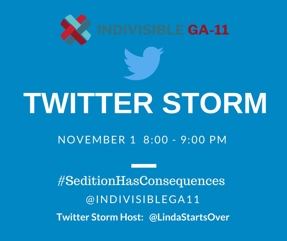 IndivisibleGA11's tweet photo. @LindaStartsOver will be hosting a Twitter Storm next Monday because the #SeditionHasConsquences. https://t.co/ZeYs4icEoZ