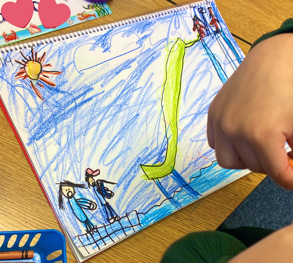 MrsMoranFCPS's tweet photo. In kindergarten we have learned how to tell our stories across a page, draw people in action, add detail to our setting and color using our 4 star coloring rubric! I am so impressed with how they applied their learning ❤️ #fcpsk #ilovemyjob @FCPS_Kinder @RiversideFCPS https://t.co/5bftJUzAvc