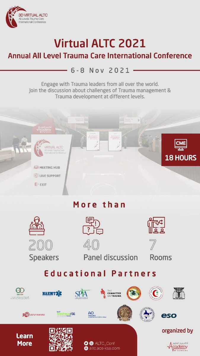 SaudiEmergency's tweet image. 📢📢📢📢🚨🚨🚨🚨 
Join SASEM&apos;s track in the amazing upcoming #ALTC2021 conference💥💥💥🔥🔥🔥
16 distinguished speakers 👨🏼‍⚕️👩🏻‍⚕️ sharing their experiences with you in the Annual all level trauma care International conference
SASEM Track; Date: 7 November