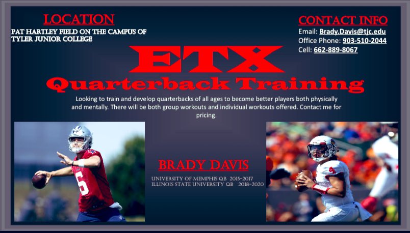 BradyDavis10's tweet photo. 🚨EAST TEXAS QBs 🚨 
Let’s get to work this off-season. Starting in Dec. I will be looking to train young QBs across East TX.. I will be offering both group &amp; private workouts for QBs in Middle School - College.  
* WRs/RBs/TE work offered as well.  

FOLLOW @ETX_QB_Training https://t.co/lXofuBImIz