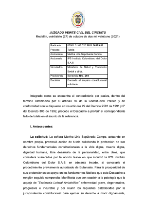LAREDVIRAL_'s tweet photo. El Juzgado veinte del circuito de #Medellín, ordenó a la IPS #Incodol practicar la #eutanasia de Martha Sepúlveda. La entidad tiene 48 horas para acordar el día y la hora para el procedimiento. "Se ordene lo siguiente a la IPS garantizar su derecho fundamental a morir dignamente" https://t.co/ERy2N87YGS
