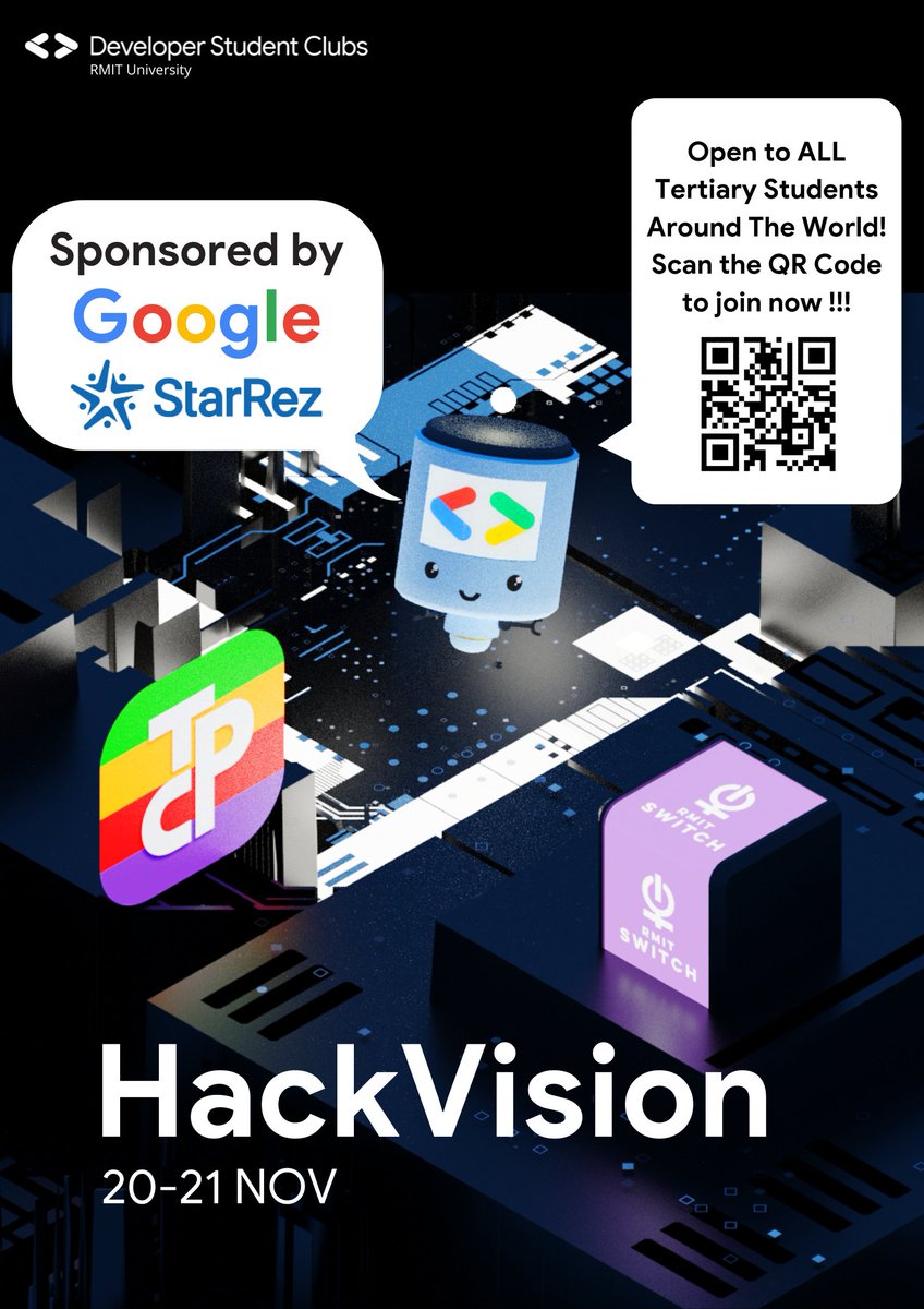 RMIT SWITCH (@rmit_switch) on Twitter photo Hack for good in HackVision 2021!
Who: ANY TAFE/Uni student from anywhere
When: 10a.m AEDT 20th-21st Nov
Free registration: gdsc.community.dev/e/mppex6/
Thanks to our collaborators <a href="/googledevs/">Google for Developers</a> & RMIT Programming Club. Thanks to sponsors @google & <a href="/StarRez/">StarRez, Inc.</a>! Hack for good in HackVision 2021!
Who: ANY TAFE/Uni student from anywhere
When: 10a.m AEDT 20th-21st Nov
Free registration: gdsc.community.dev/e/mppex6/
Thanks to our collaborators <a href="/googledevs/">Google for Developers</a> & RMIT Programming Club. Thanks to sponsors @google & <a href="/StarRez/">StarRez, Inc.</a>!