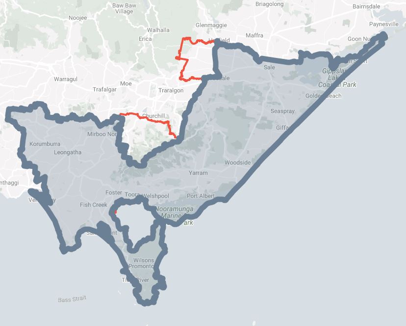 Gippsland South picks up Boolarra, Yinnar and other towns south of Churchill from Morwell, as well as Cowwarr and Toongabbie from Morwell's north-east. Boy, oh boy does <a href="/DannyOBrienMP/">Danny O'Brien</a> have a big seat #gippsnews