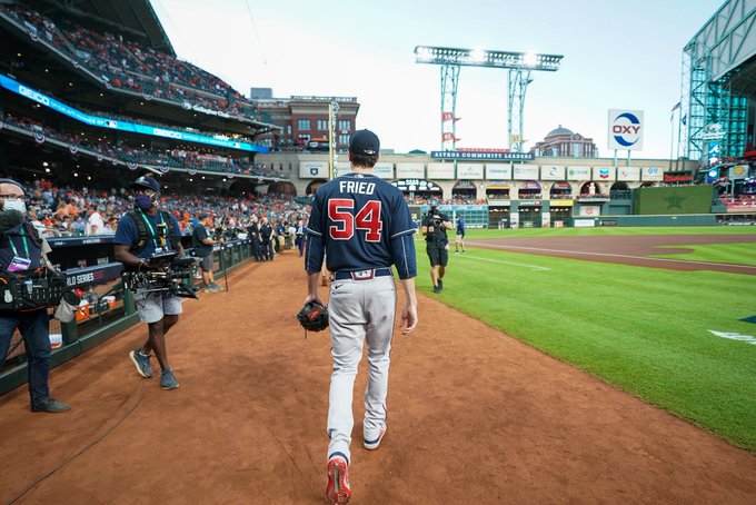 Max Fried walks onto the field at Minute Maid Park to begin his pregame warmups.