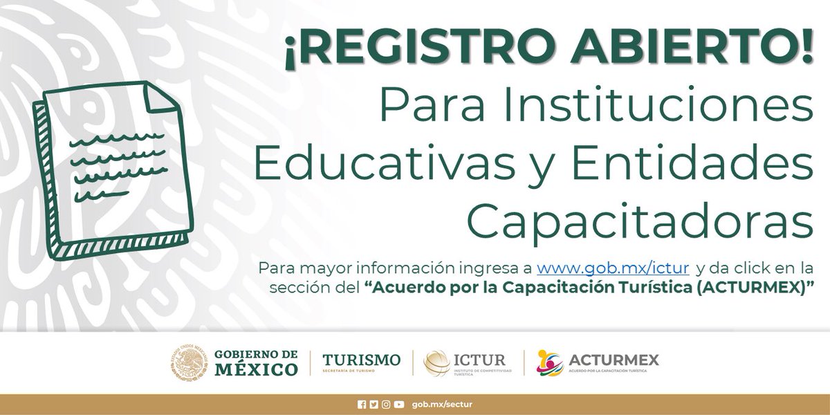 Instituciones Educativas y Entidades Capacitadoras, participa en #ACTURMEX y súmate a la Capacitación Turística por México! Regístrate en: bit.ly/2WdbEOL