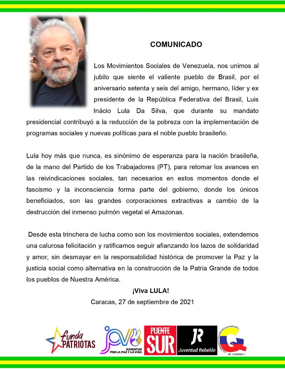 fonsecaheriber's tweet photo. Feliz cumpleaños al líder Lula da Silva... https://t.co/7Xo2QUIcxC