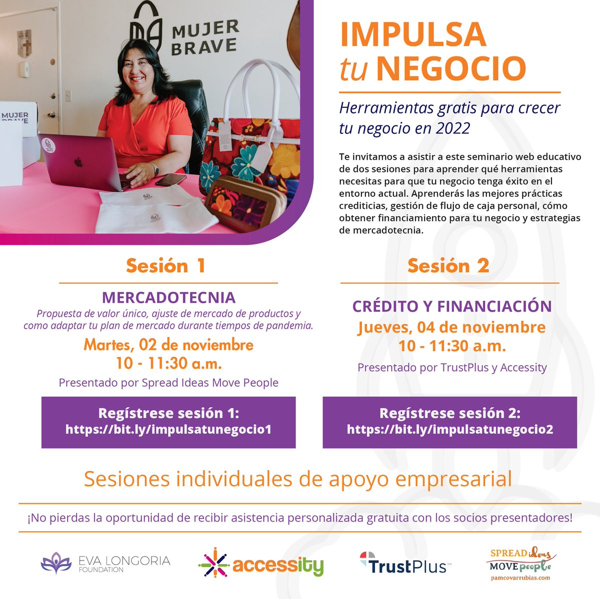 SDSBDCNetwork's tweet photo. ¡Webinar en Español gratis – Impulsa Tu Negocio: Herramientas gratis para crecer tu negocio en 2022!
Sesión 1: Mercadotecnia | 2 de Nov. - https://t.co/3E6aRWaHDX
Sesión 2: Financiación | 4 de Nov. - https://t.co/9b3g29Oxqx
@Accessityorg @PamC #EvaLongoriaFoundation #TrustPlus https://t.co/3go9vqLo6S