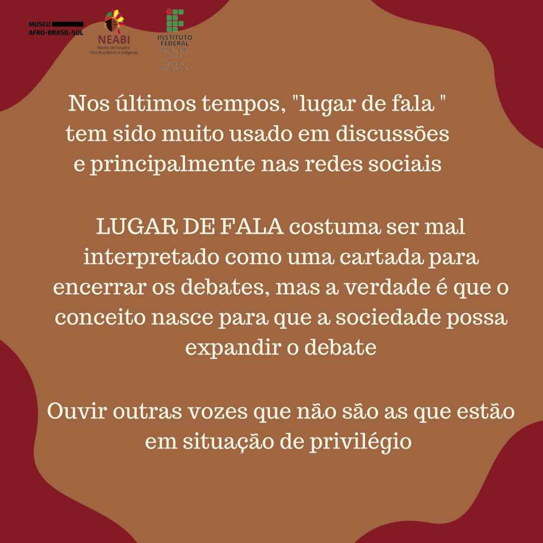 rgneabi's tweet photo. O post de hoje é sobre o que é lugar fala? 
Arrasta pro lado pra entender a importância do lugar de fala🗣
•
•
📲Fiquem atentos aos conteúdos novos das nossas redes sociais!
•
•
•
•
📌Curta
📌Comente
📌Salve
📌Compartilhe 
•
•
•
#lugardefala#neabi #antiracista #educação https://t.co/u8XHYplNTx