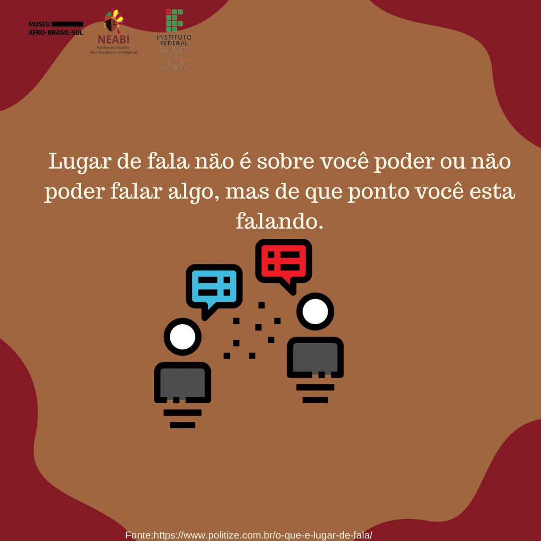 rgneabi's tweet photo. O post de hoje é sobre o que é lugar fala? 
Arrasta pro lado pra entender a importância do lugar de fala🗣
•
•
📲Fiquem atentos aos conteúdos novos das nossas redes sociais!
•
•
•
•
📌Curta
📌Comente
📌Salve
📌Compartilhe 
•
•
•
#lugardefala#neabi #antiracista #educação https://t.co/u8XHYplNTx