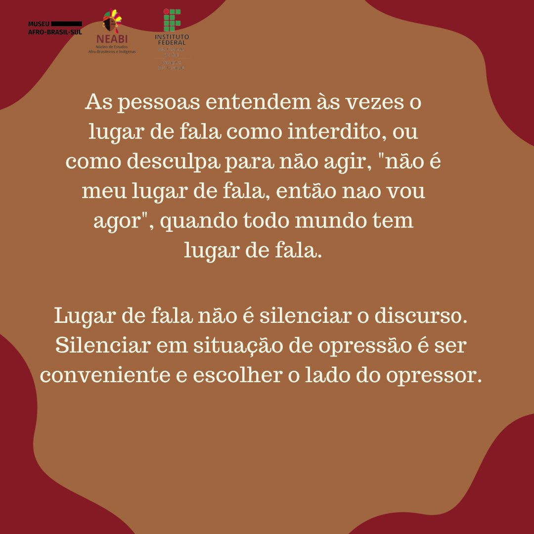 rgneabi's tweet photo. O post de hoje é sobre o que é lugar fala? 
Arrasta pro lado pra entender a importância do lugar de fala🗣
•
•
📲Fiquem atentos aos conteúdos novos das nossas redes sociais!
•
•
•
•
📌Curta
📌Comente
📌Salve
📌Compartilhe 
•
•
•
#lugardefala#neabi #antiracista #educação https://t.co/u8XHYplNTx