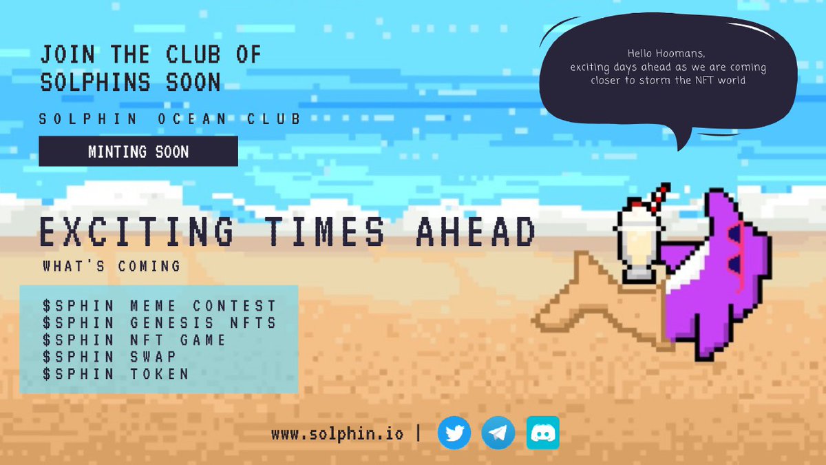 SolanaSolphin's tweet photo. 🐬 Hello #Solphers

We have designed a unique roadmap for y'all 🛣 with an aim to build a better world for the animals.

🎯 $SPHIN Meme contest
🎯 $SPHIN Genesis NFTs
🎯 $SPHIN NFT Game
🎯 $SPHIN Swap
🎯 $SPHIN Token https://t.co/edoRjq8eAC