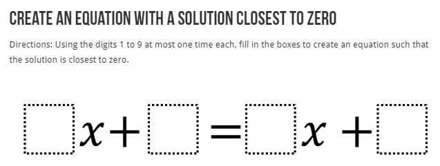 How do you choose coefficients and constants such that the solution to this equation is as close to zero as possible? See the hints and answers for this great <a href="/openmiddle/">Open Middle</a> problem from <a href="/danluevanos/">Daniel Luevanos</a>: openmiddle.com/create-an-equa… #iteachmath