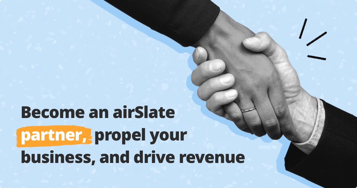airSlatePartner's tweet photo. Our Partners deliver value to their clients by providing a portfolio of automation tools. From PDF editing to legally-binding eSignatures to end-to-end document automation, we help businesses scale.

Sign up at https://t.co/uW8B1gCQw4 today! https://t.co/hEQu8yMsZm