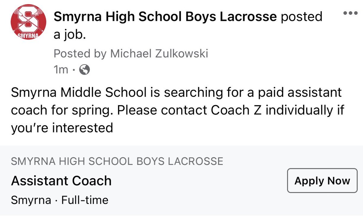 <a href="/SmyrnaMiddleDE/">Smyrna Middle School</a> is currently searching for an assistant boys lacrosse coach. Anyone interested please DM me.