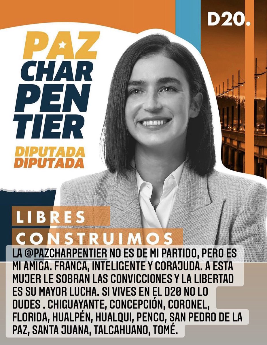 biggsmta's tweet photo. @paz_charpentier es mi amiga. Franca, inteligente y corajuda. A esta mujer le sobran las convicciones y la libertad es su mayor lucha. En el D20 no lo dudes:Chiguayante, Concepción, Coronel, Florida, Hualpén, Hualqui, Penco, San Pedro de la Paz, Santa Juana, Talcahuano, Tomé. https://t.co/eKuTqP1bAM