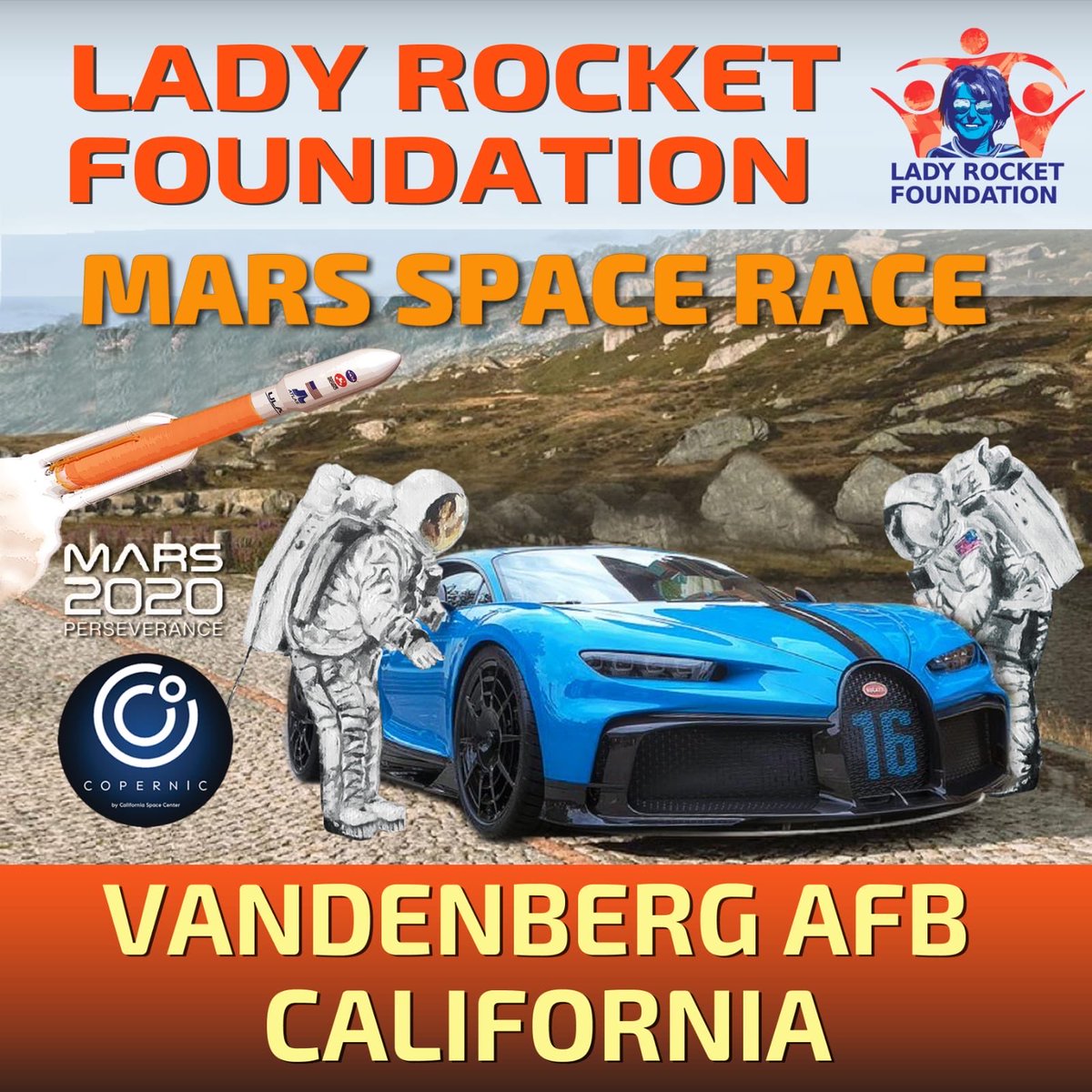 LadyRocketSpace's tweet photo. My 2019 poster #MarsSpaceRace planned by me to celebrate โฆ@NASAJPLโฉ โฆ@ulalaunchโฉ # Mars #Rocket launch #2020 to. fundraise for my Foundation #MarsInspiration with โฆ@Bugattiโฉ.We just launched Mars kidsprogram in #Croatia-letโs Race with โฆ@AutomobiliRimacโฉ https://t.co/YeWE1BuU0H
