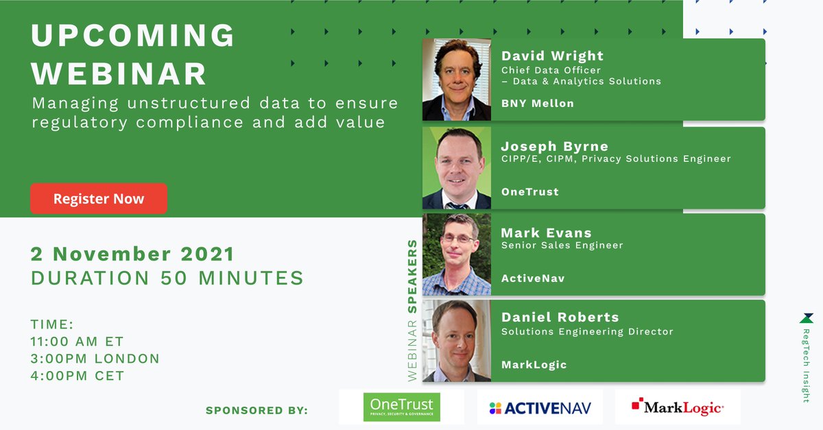 Register for #MarkLogic and A -Team Insight Webinar Nov 02: Managing
unstructured data to ensure regulatory compliance and add value with <a href="/dmroberts/">Daniel Roberts</a>

ow.ly/PevR50Gp4DB

#data #regtech #dataintegration #datamanagement
