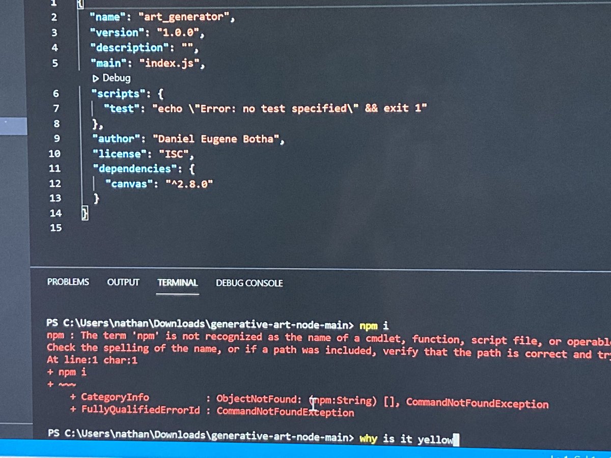 ColonalSanderz's tweet photo. WHY IS THIS HAPPENING??Something to do with the text being yellow? #codinghelp #coding #codingnewbie #npm #vsc https://t.co/qIFoMI4Z5G