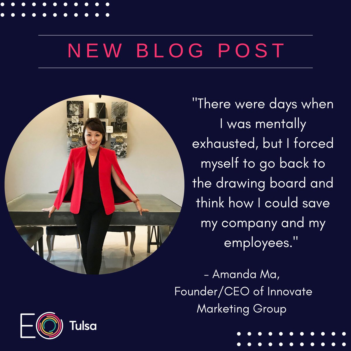 EOTulsa's tweet photo. The pandemic was especially difficult for entrepreneurs at every level. Amanda Ma, Founder and CEO of @innovatemkg shares her story of leaning in, channeling fear and going from 0 to 130. 

Read more in her latest blog post: https://t.co/NEiLMATwZI https://t.co/J3iQxASqBD