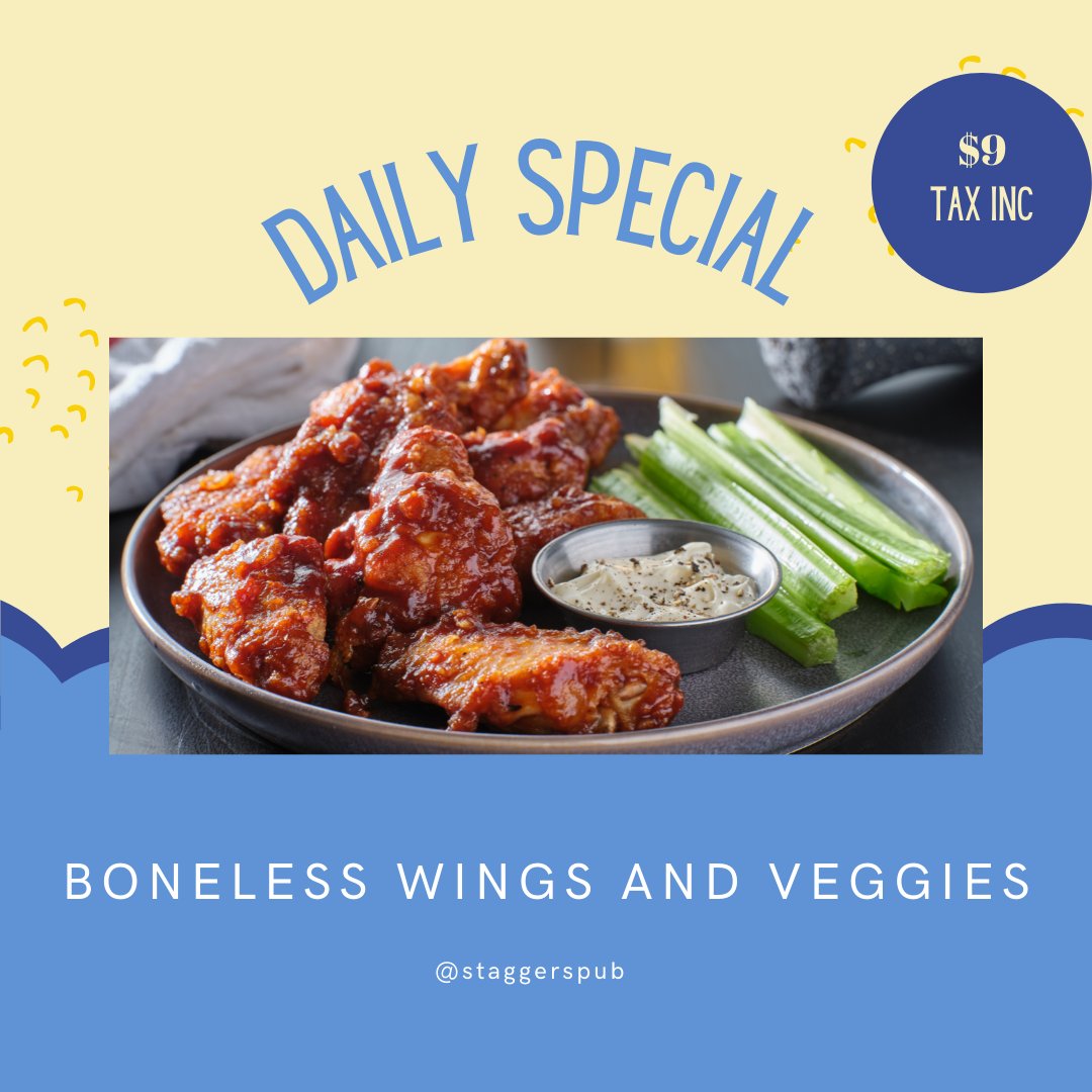 Our Daily Special on Thursday  Oct 27 is delicious Boneless Wings and Veggies! $9 tax inc while supplies last.
.
#staggerspub #downtowondartmouth #dartmouthns #bonelesswings