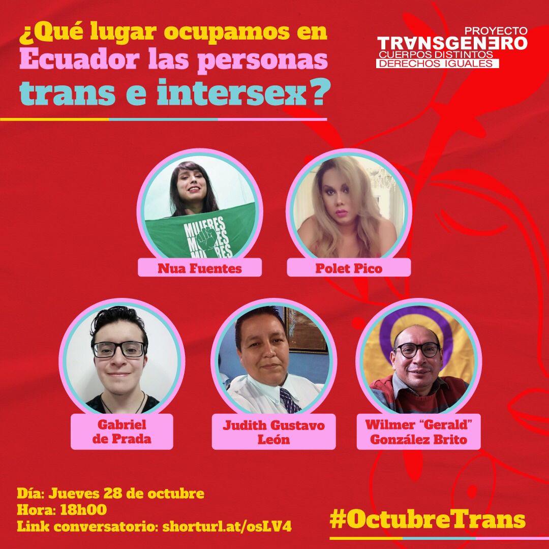 🔴 MAÑANA 🔴 | ¿Qué lugar ocupamos en #Ecuador las personas #trans e #intersex? Te invitamos a discutirlo junt@s en nuestro conversatorio virtual por el #OctubreTrans 
¡No te lo pierdas! 
🕡 18h00
Link conversatorio 👉 shorturl.at/osLV4