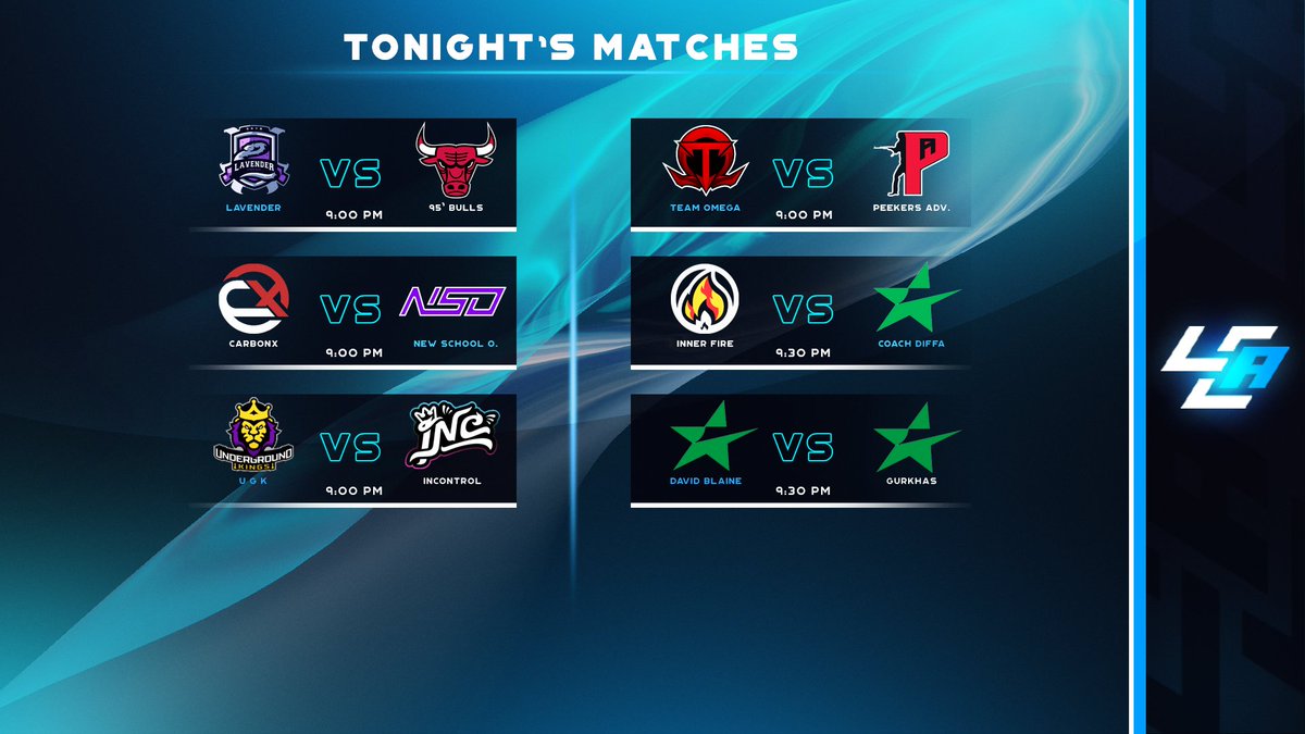 LCABroadcasting's tweet photo. Tonight's matches covered by LCA! 🚨
⚔️ @LavenderEsports vs #95Bulls
🎙️ @parks2214
⚔️ @CarbonX_GG vs @NSO_Gaming
🎙️ @Thatwearwolf1
⚔️ @UGKEsports vs @InControlNation
🎙️ @AllinGaming23
1/3 https://t.co/vsGzjr3kGf