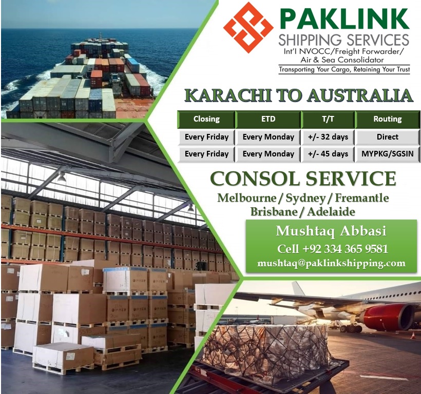 PaklinkShippin's tweet photo. We offer weekly sailing from Karachi to Sydney &amp; Melbourne Australia. Book your freight now and obtain:
•Reliability
•Competitive rates
•Fast transit time
•Great customer service
#shipping #logistics #freightforwarding #freight #airfreight #aircargo #seafreight #consolidation https://t.co/tTdTxxAI2X
