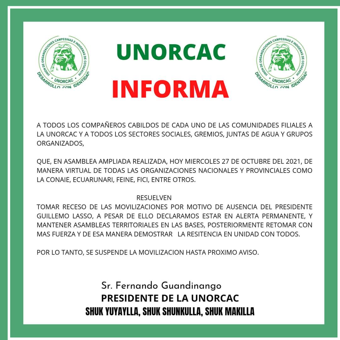 EstelarEC's tweet photo. 🔴 #Urgente | Organizaciones indígenas y campesinas suspenden #ParoNacional
⭕ La decisión fue tomada en una asamblea virtual de la dirigencia
⭕ Anuncian que la medida no ha terminado y se podría retomar luego del feriado https://t.co/iLzoo8yaOi