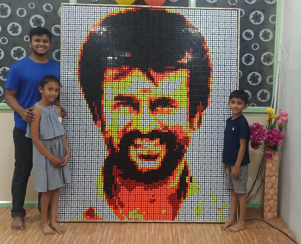 ytensionoffl's tweet photo. WORLD LARGEST  RUBIKS CUBE MOSAIC ART OF SUPERSTAR RAJINIKANTH using 1050 Rubik's cubes done by kids MONISHA &amp; KOUSHIK Trained By ANAND From Tamilnadu cube Association..🔥👌 @AnandR1998 
@bindupriyanka8
@CubeTamilnadu 

#Superstar @rajinikanth 
@RIAZtheboss https://t.co/nmUCvn0DBi