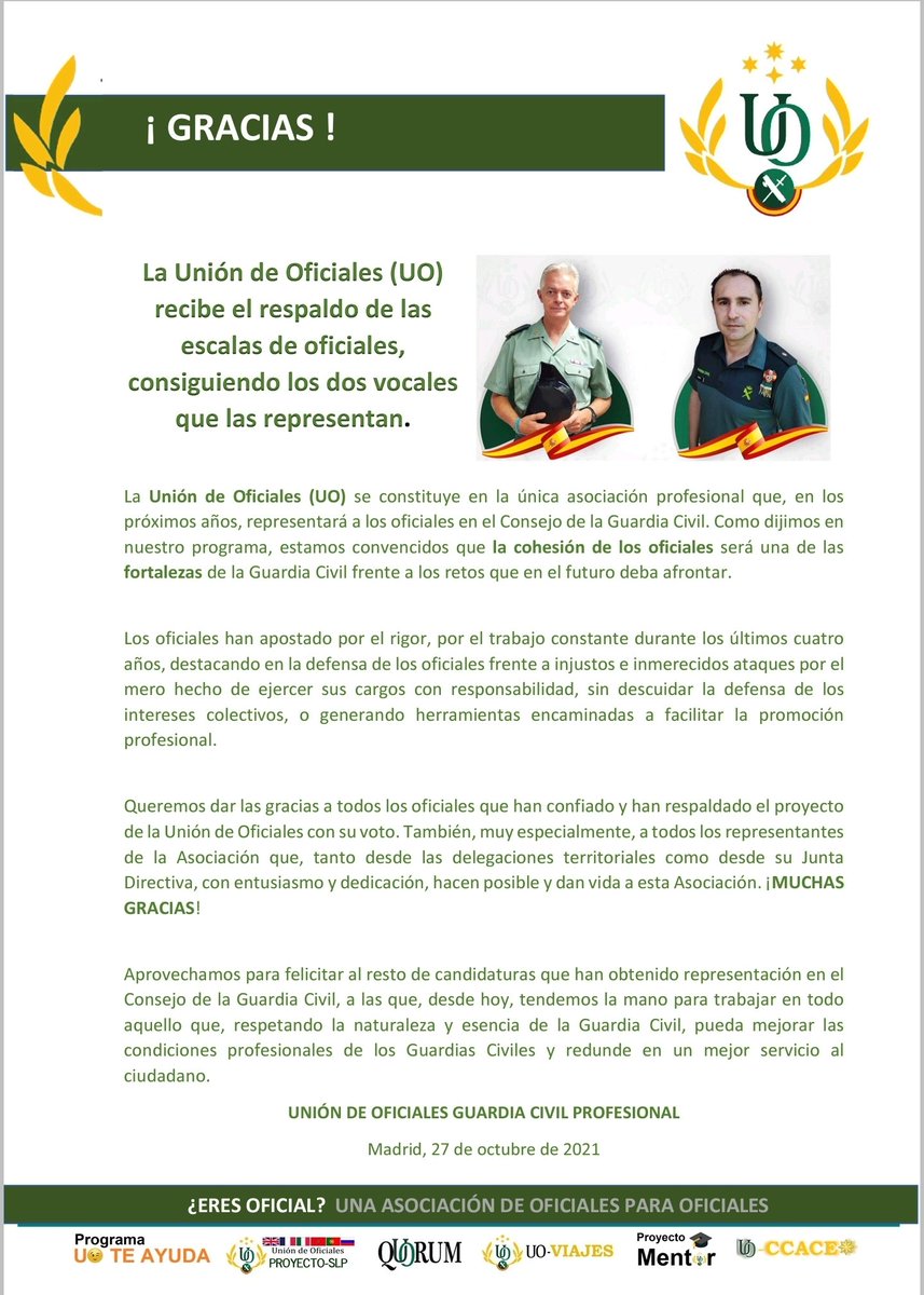 UnionOficiales's tweet photo. La UO consigue todos los vocales en ambas escalas de oficiales, ¡¡gracias a todos los que han confiado y respaldado este proyecto!!

Estamos convencidos que la cohesión de los oficiales será una de las fortalezas de @guardiacivil frente a los retos que en el futuro deba afrontar. https://t.co/UyICWCtVou